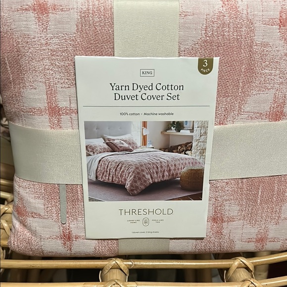 Threshold King Mauve/Ivory Duvet Cover Set Yarn Dyed Cotton Bedding - Picture 1 of 16